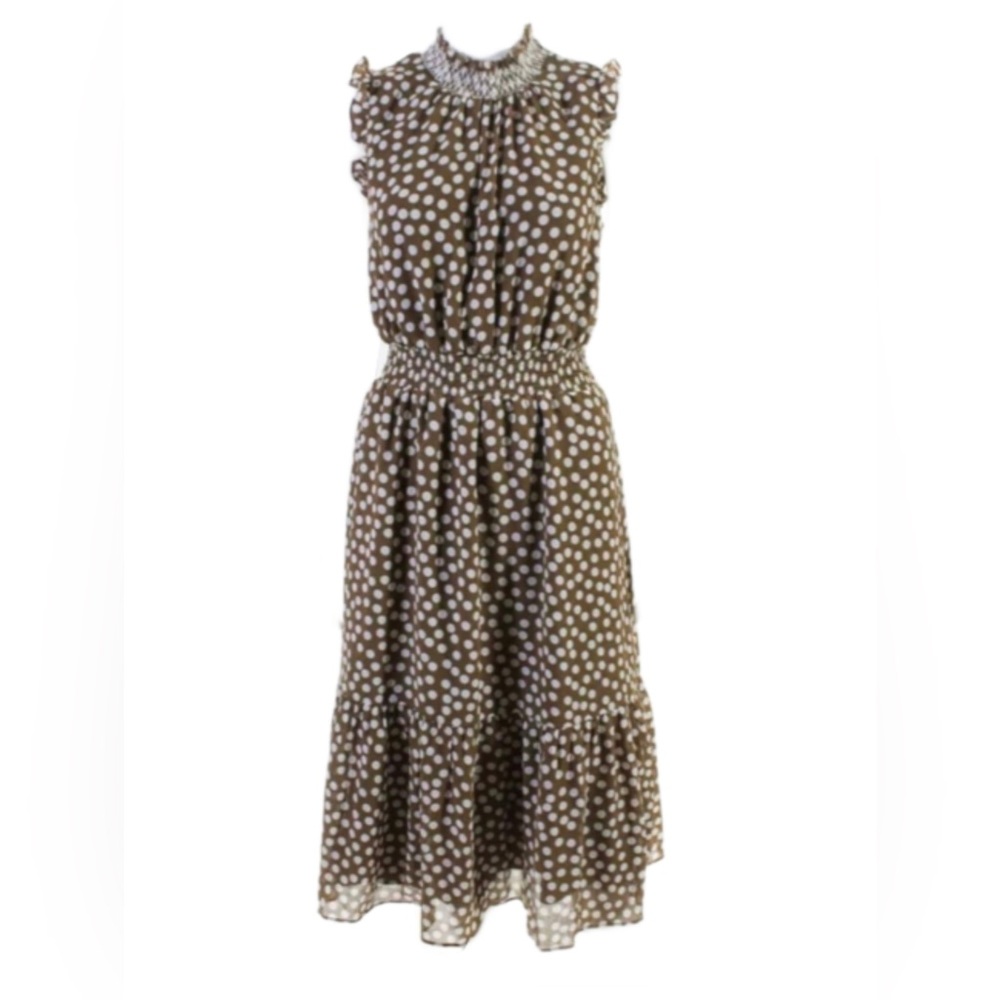 NWT J. Crew Smocked Waist Brown and White Polkadot Midi Dress🤍⭐️🤍 - Picture 1 of 11